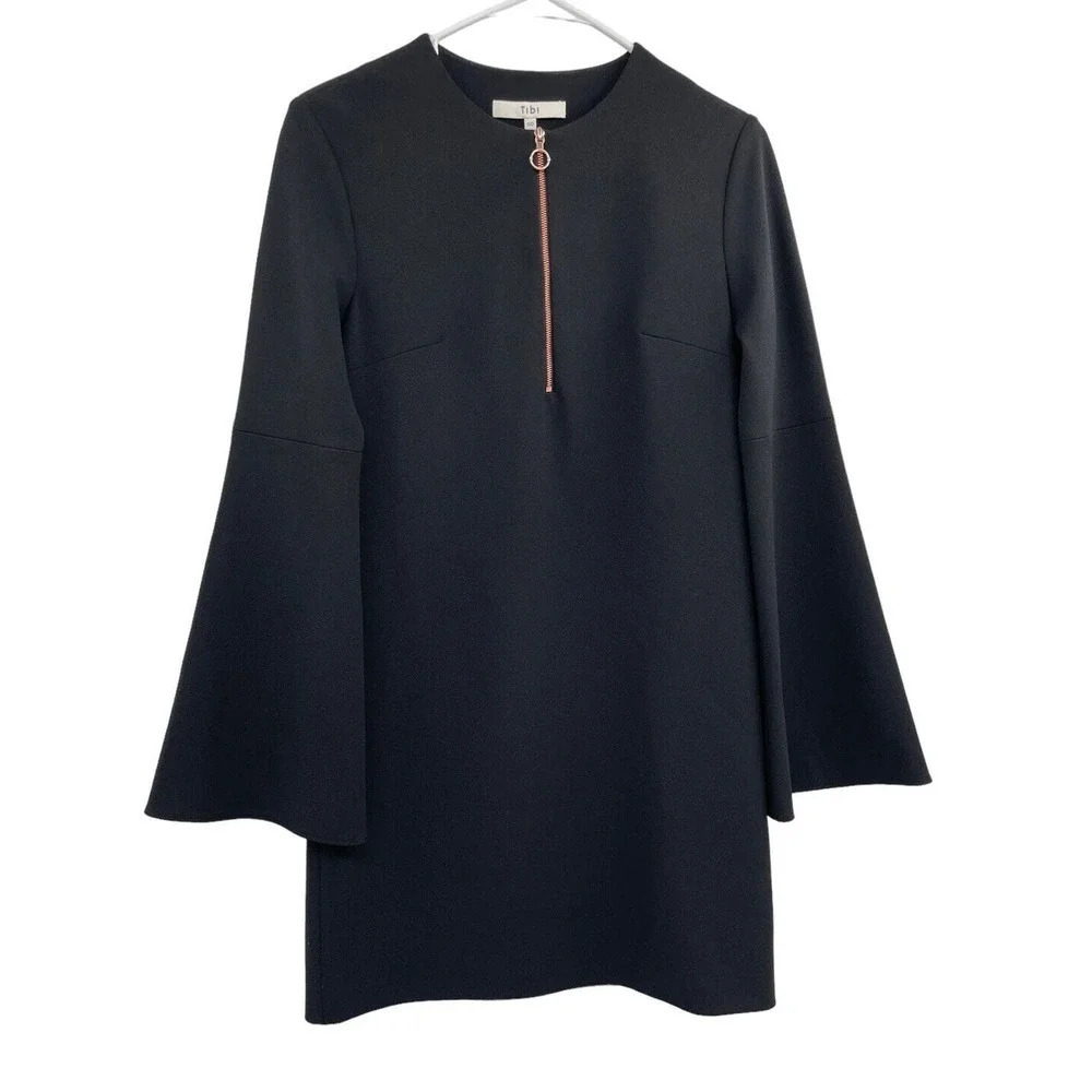TIBI Shirt Dress Size 00 Black Zip Front Bell Sleeve Lagenlook